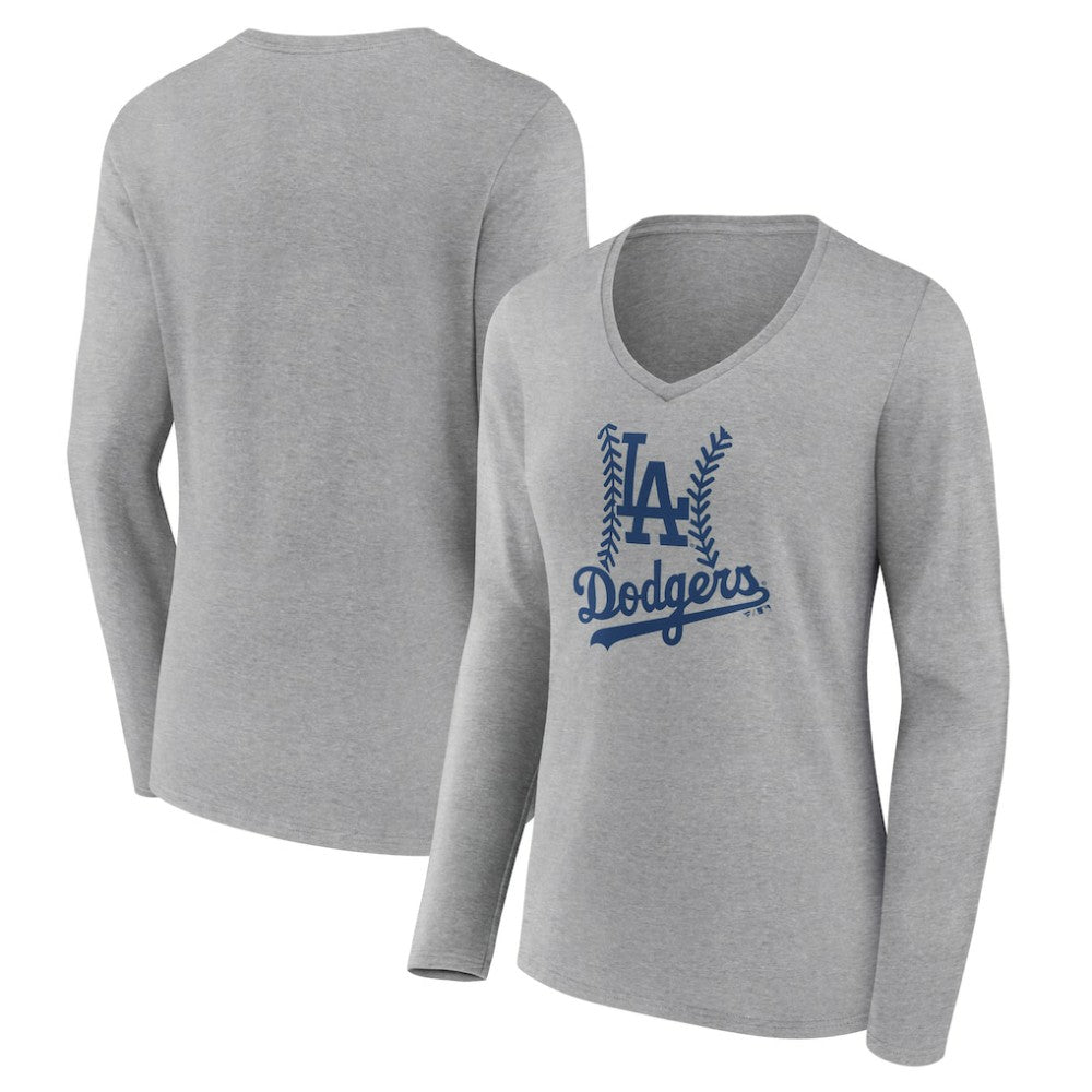 Los Angeles Dodgers Women's Fastball Long Sleeve V-Neck T-Shirt - Gray T-shirts