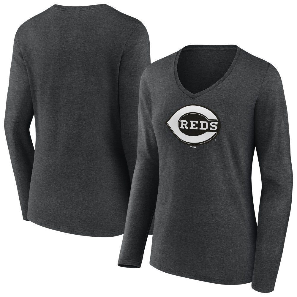 Cincinnati Reds Women's Monochrome Long Sleeve V-Neck T-Shirt - Charcoal T-shirts