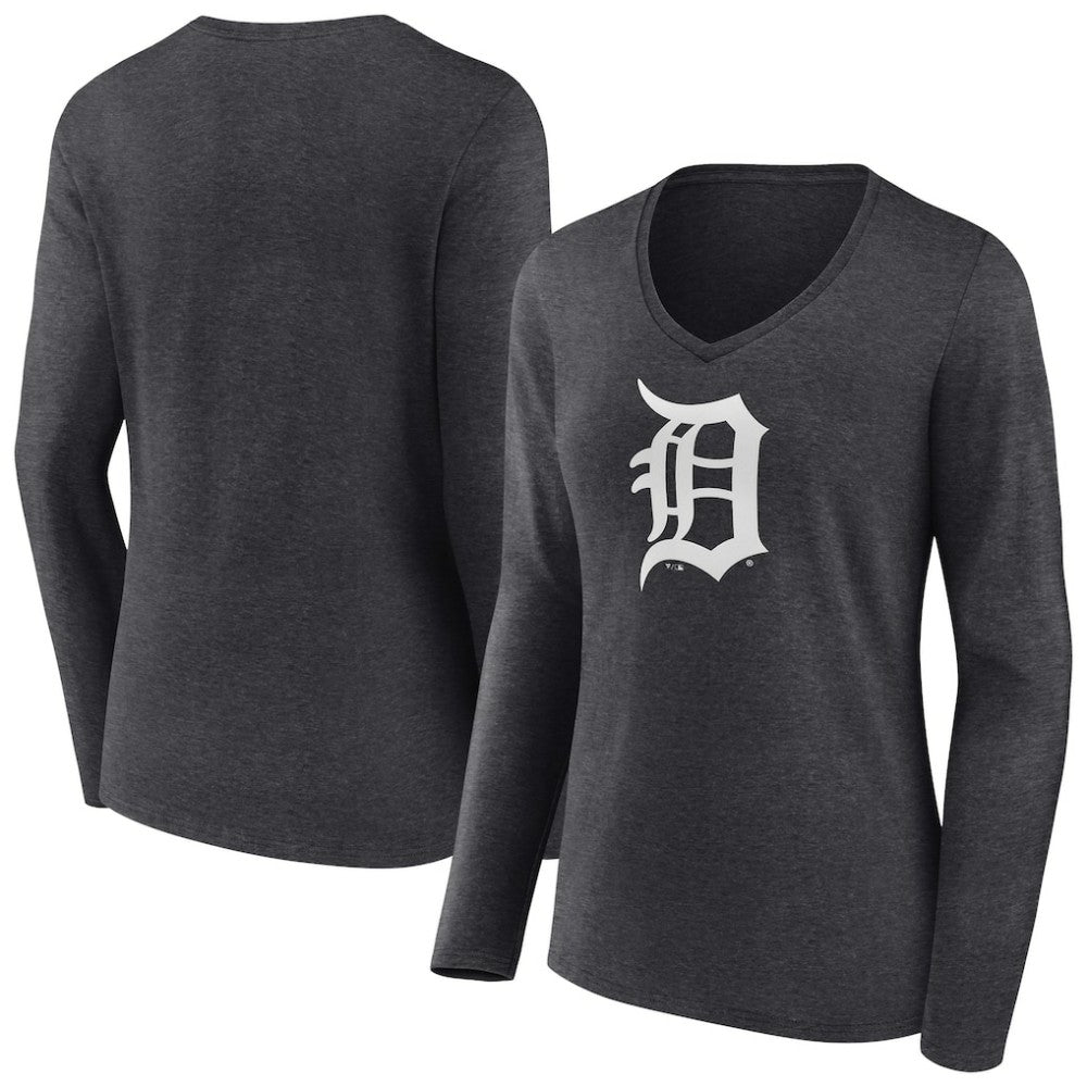 Detroit Tigers Women's Monochrome Long Sleeve V-Neck T-Shirt - Charcoal T-shirts
