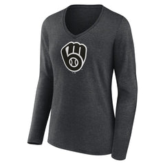 Milwaukee Brewers Women's Monochrome Long Sleeve V-Neck T-Shirt - Charcoal T-shirts