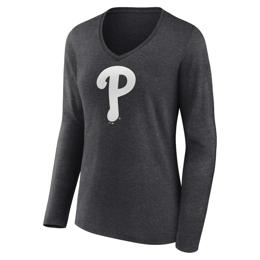 Philadelphia Phillies Women's Monochrome Long Sleeve V-Neck T-Shirt - Charcoal T-shirts