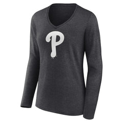Philadelphia Phillies Women's Monochrome Long Sleeve V-Neck T-Shirt - Charcoal T-shirts