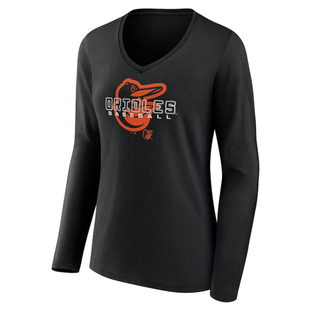 Baltimore Orioles Women's Stellar Long Sleeve V-Neck T-Shirt - Black T-shirts