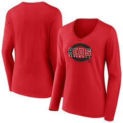 Cincinnati Reds Women's Stellar Long Sleeve V-Neck T-Shirt - Red T-shirts
