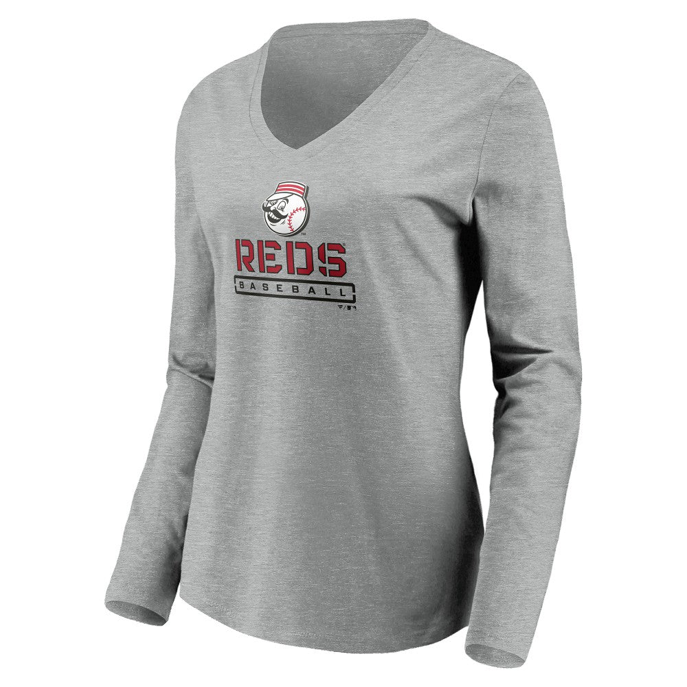 Cincinnati Reds Women's Evanston Stencil Long Sleeve V-Neck T-Shirt - Gray T-shirts