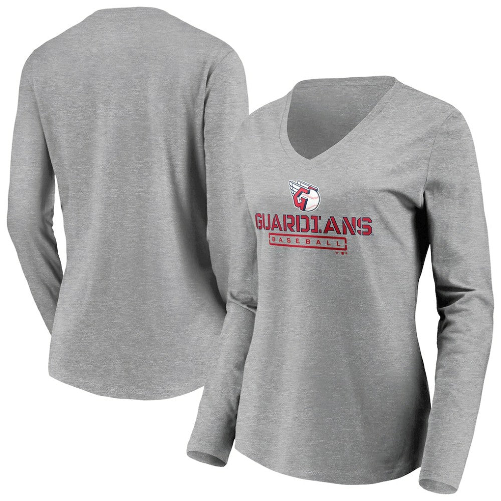 Cleveland Guardians Women's Evanston Stencil Long Sleeve V-Neck T-Shirt - Gray T-shirts