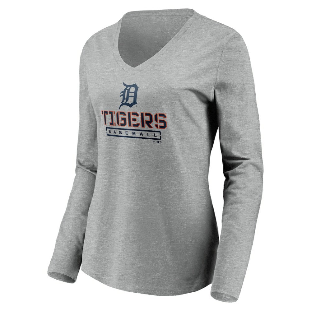 Detroit Tigers Women's Evanston Stencil Long Sleeve V-Neck T-Shirt - Gray T-shirts
