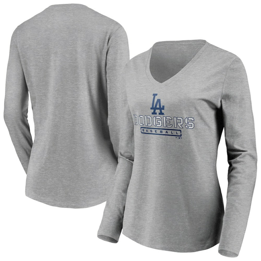Los Angeles Dodgers Women's Evanston Stencil Long Sleeve V-Neck T-Shirt - Gray T-shirts