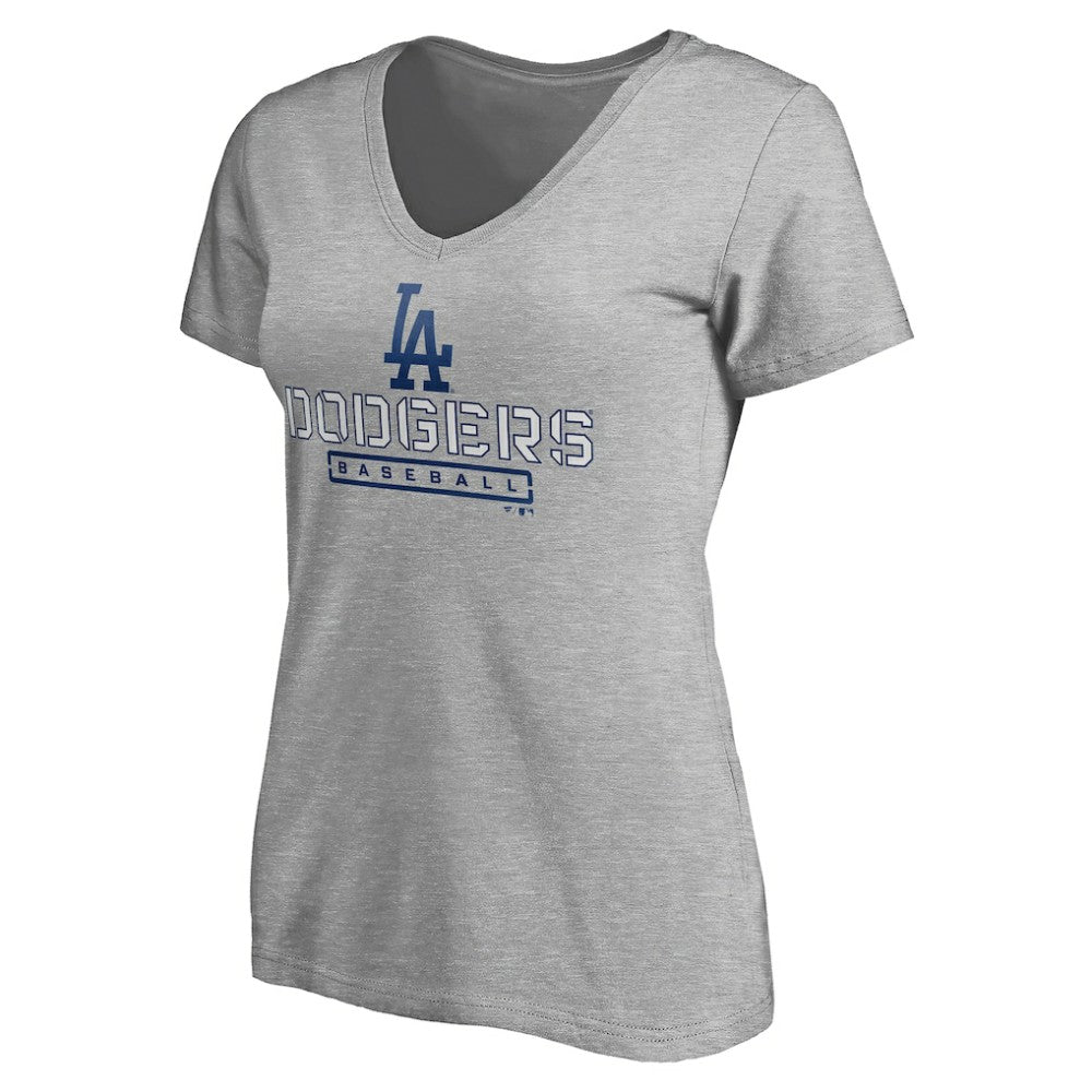 Los Angeles Dodgers Women's Evanston Stencil V-Neck T-Shirt - Gray T-shirts