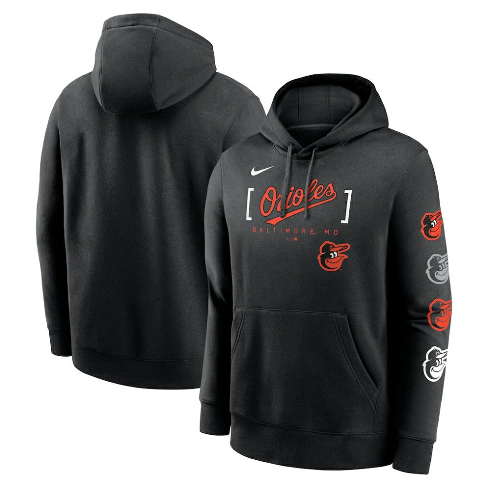 Baltimore Orioles Nike Club Stack Pullover Hoodie - Black Hoodies