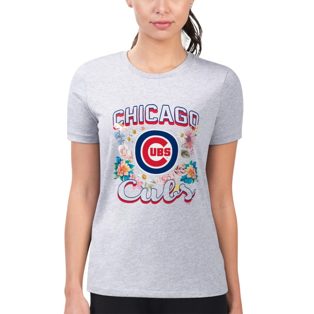Chicago Cubs G-III 4Her by Carl Banks Women's Super-Slim Fit Lightweight Flowers Graphic T-Shirt - Heather Gray T-shirts