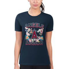 Los Angeles Angels G-III 4Her by Carl Banks Women's Super-Slim Fit Lightweight Flowers Graphic T-Shirt - Navy T-shirts