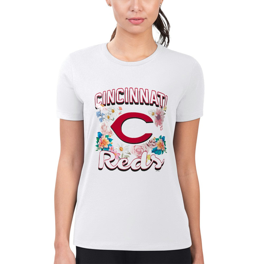 Cincinnati Reds G-III 4Her by Carl Banks Women's Super-Slim Fit Lightweight Flowers Graphic T-Shirt - White T-shirts