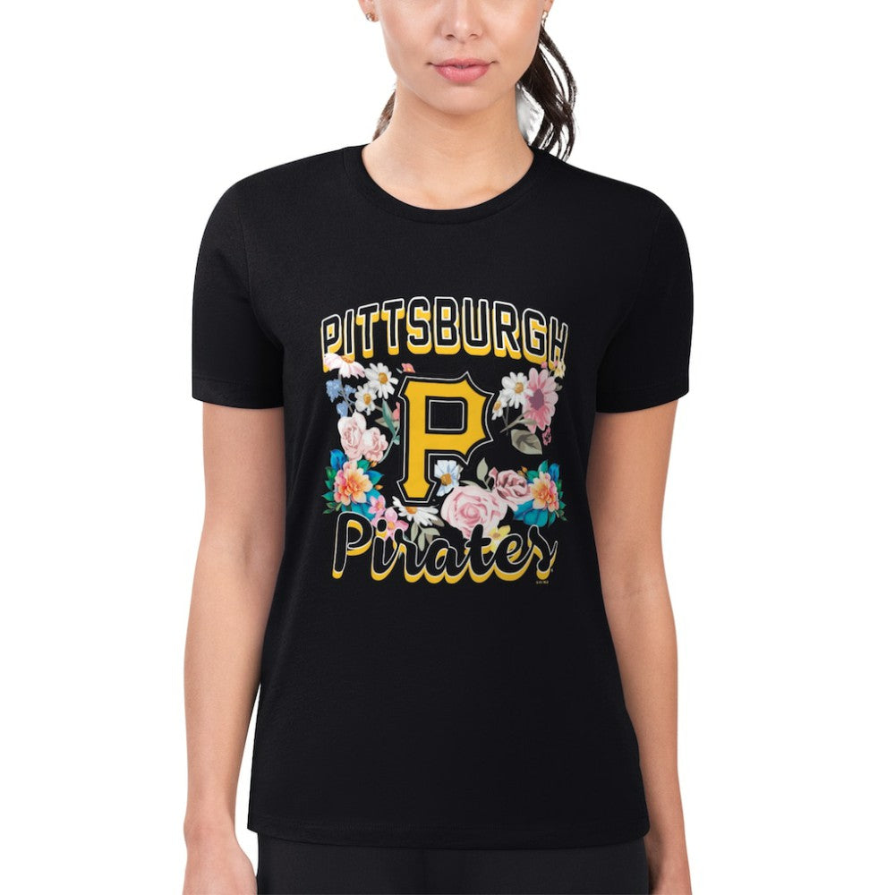 Pittsburgh Pirates G-III 4Her by Carl Banks Women's Super-Slim Fit Lightweight Flowers Graphic T-Shirt - Black T-shirts