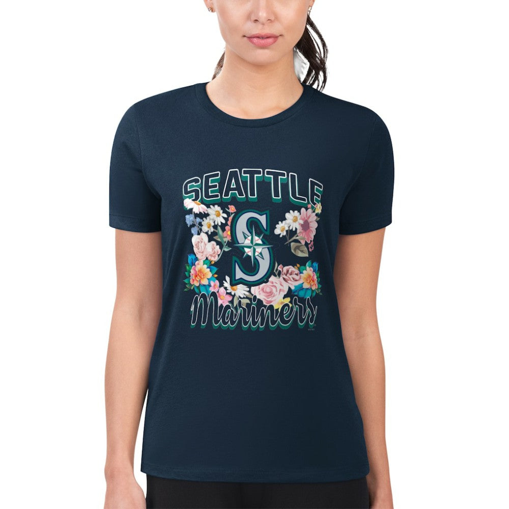 Seattle Mariners G-III 4Her by Carl Banks Women's Super-Slim Fit Lightweight Flowers Graphic T-Shirt - Navy T-shirts