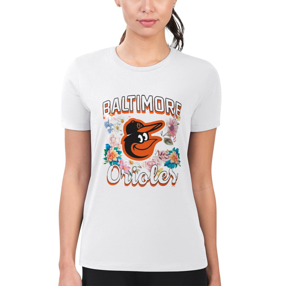 Baltimore Orioles G-III 4Her by Carl Banks Women's Super-Slim Fit Lightweight Flowers Graphic T-Shirt - White T-shirts