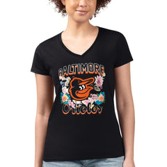 Baltimore Orioles G-III 4Her by Carl Banks Women's Super-Slim Fit Lightweight Flowers Graphic V-Neck T-Shirt - Black T-shirts