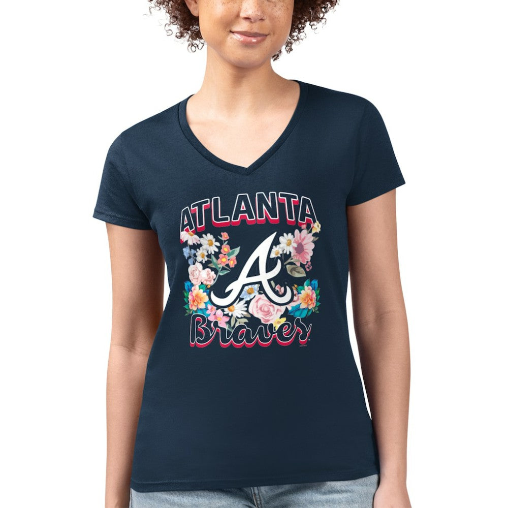 Atlanta Braves G-III 4Her by Carl Banks Women's Super-Slim Fit Lightweight Flowers Graphic V-Neck T-Shirt - Navy T-shirts