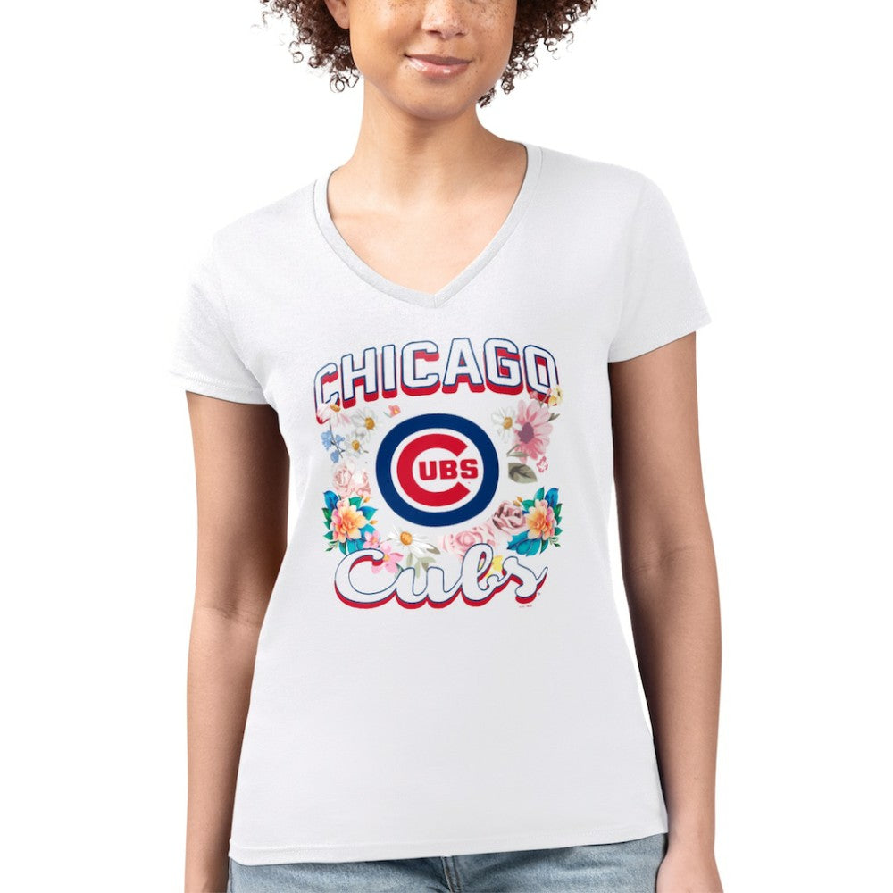Chicago Cubs G-III 4Her by Carl Banks Women's Super-Slim Fit Lightweight Flowers Graphic V-Neck T-Shirt - White T-shirts