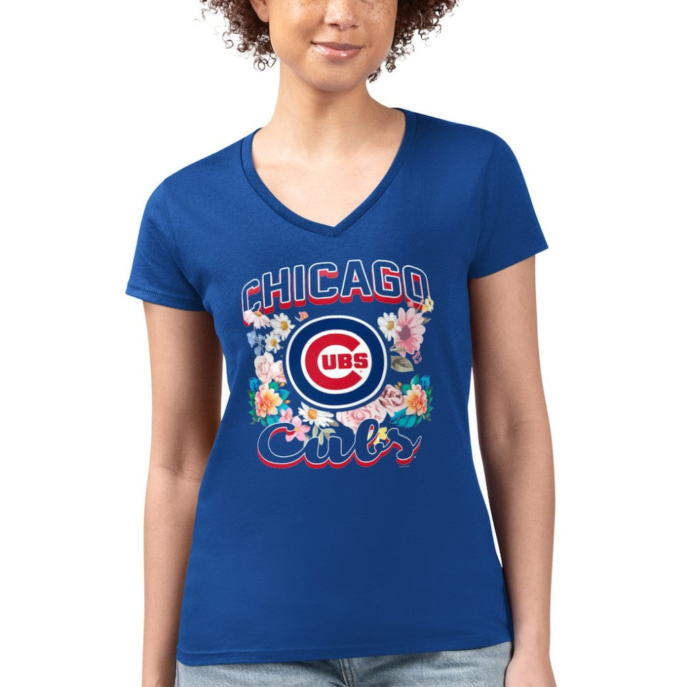 Chicago Cubs G-III 4Her by Carl Banks Women's Super-Slim Fit Lightweight Flowers Graphic V-Neck T-Shirt - Royal T-shirts