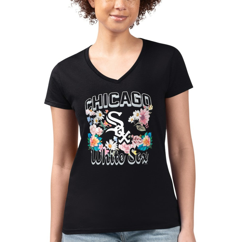 Chicago White Sox G-III 4Her by Carl Banks Women's Super-Slim Fit Lightweight Flowers Graphic V-Neck T-Shirt - Black T-shirts