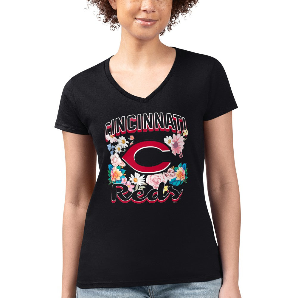 Cincinnati Reds G-III 4Her by Carl Banks Women's Super-Slim Fit Lightweight Flowers Graphic V-Neck T-Shirt - Black T-shirts