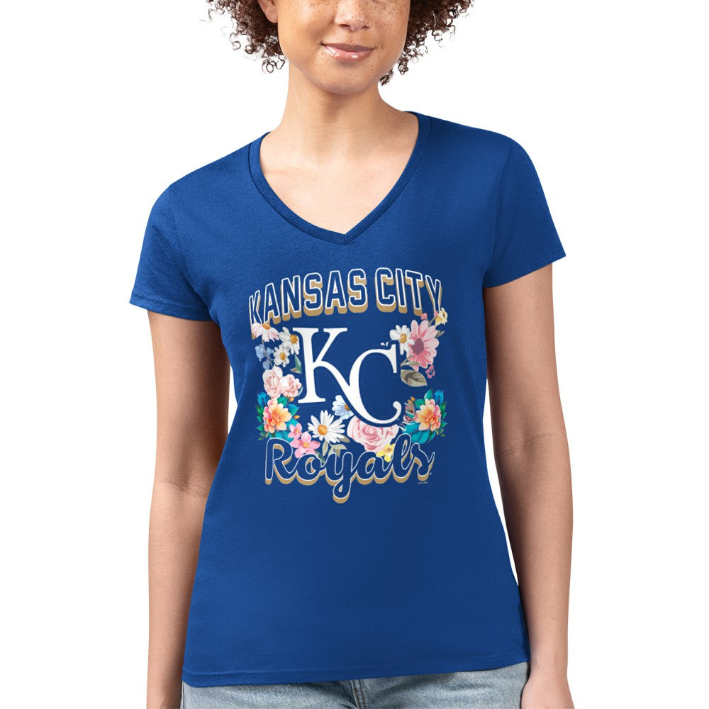Kansas City Royals G-III 4Her by Carl Banks Women's Super-Slim Fit Lightweight Flowers Graphic V-Neck T-Shirt - Royal T-shirts