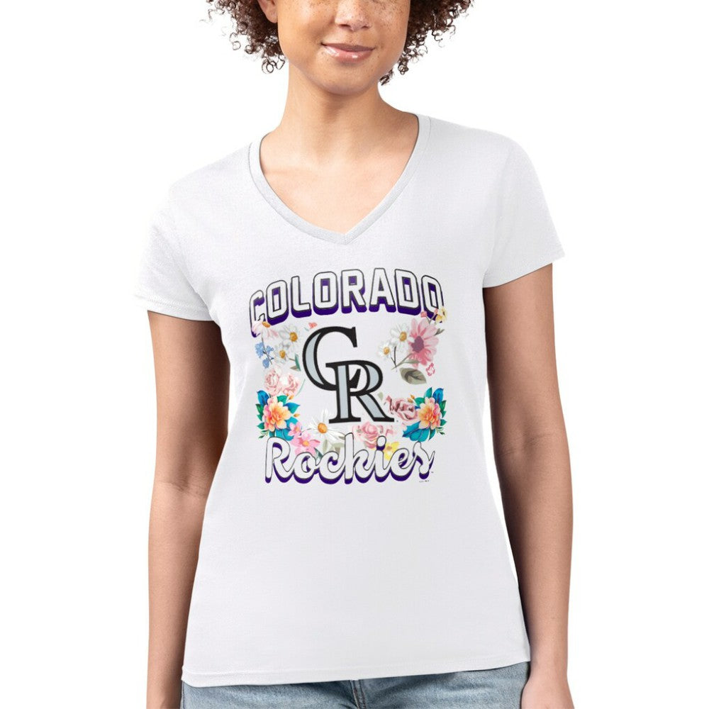 Colorado Rockies G-III 4Her by Carl Banks Women's Super-Slim Fit Lightweight Flowers Graphic V-Neck T-Shirt - White T-shirts
