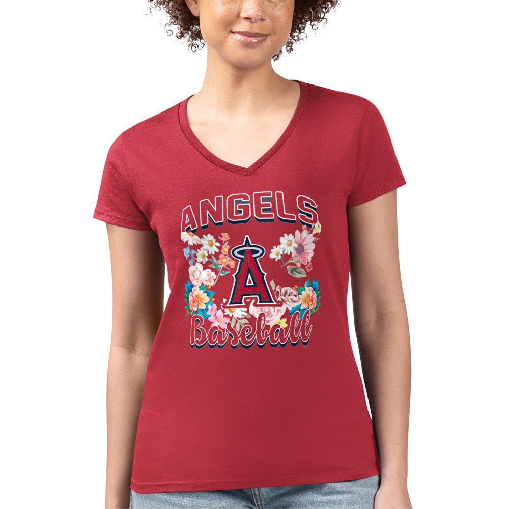 Los Angeles Angels G-III 4Her by Carl Banks Women's Super-Slim Fit Lightweight Flowers Graphic V-Neck T-Shirt - Red T-shirts