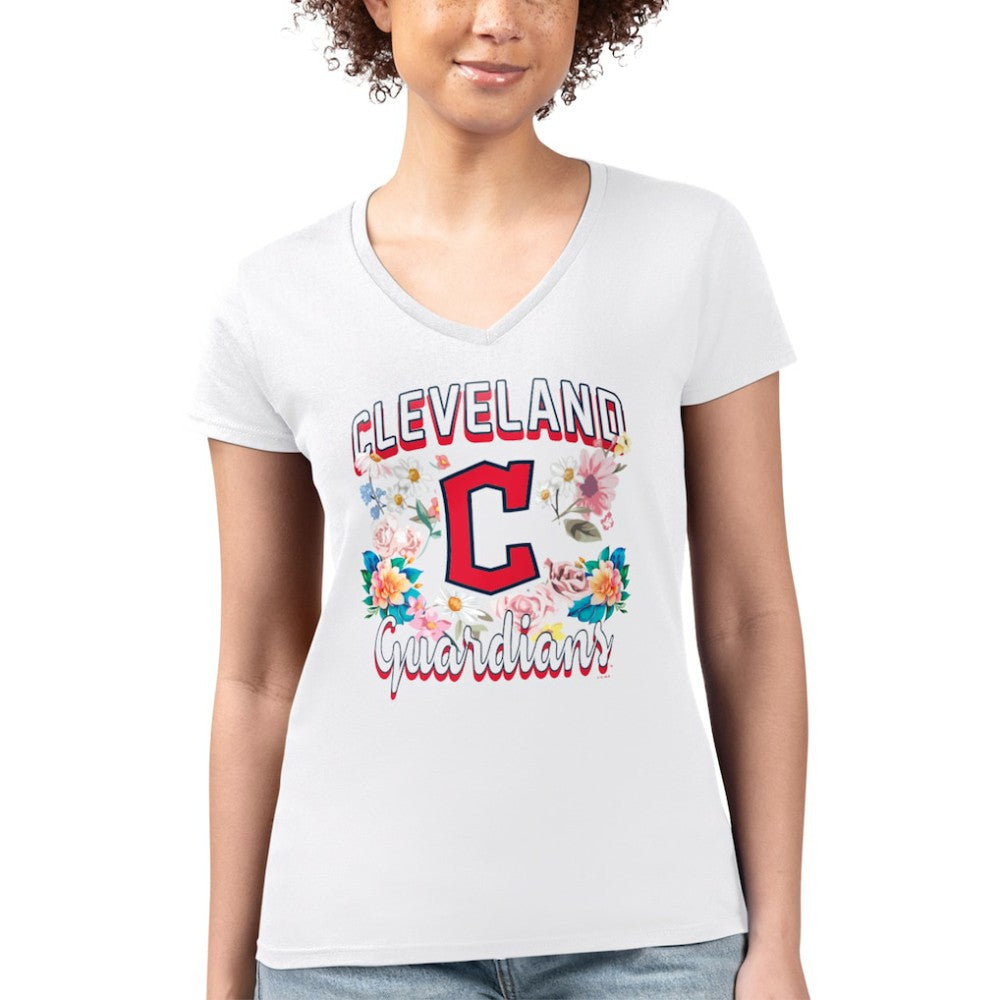 Cleveland Guardians G-III 4Her by Carl Banks Women's Super-Slim Fit Lightweight Flowers Graphic V-Neck T-Shirt - White T-shirts