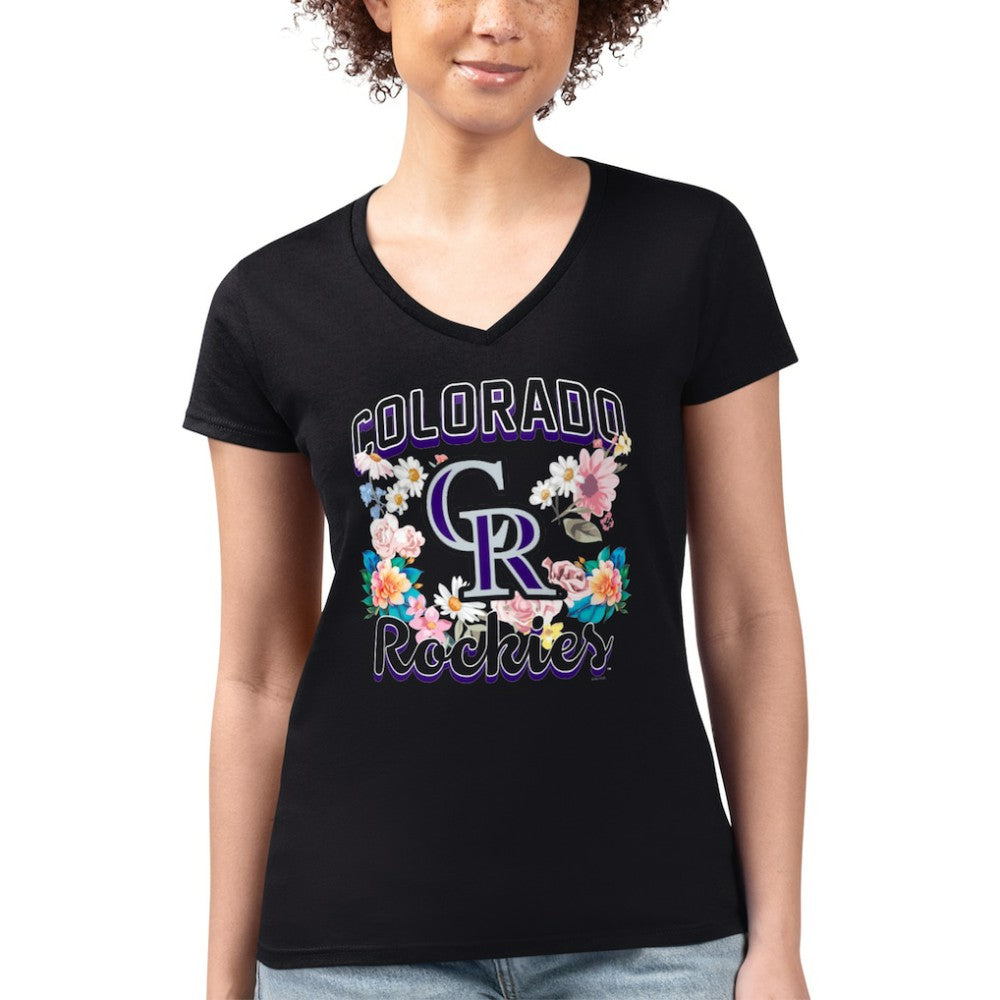 Colorado Rockies G-III 4Her by Carl Banks Women's Super-Slim Fit Lightweight Flowers Graphic V-Neck T-Shirt - Black T-shirts