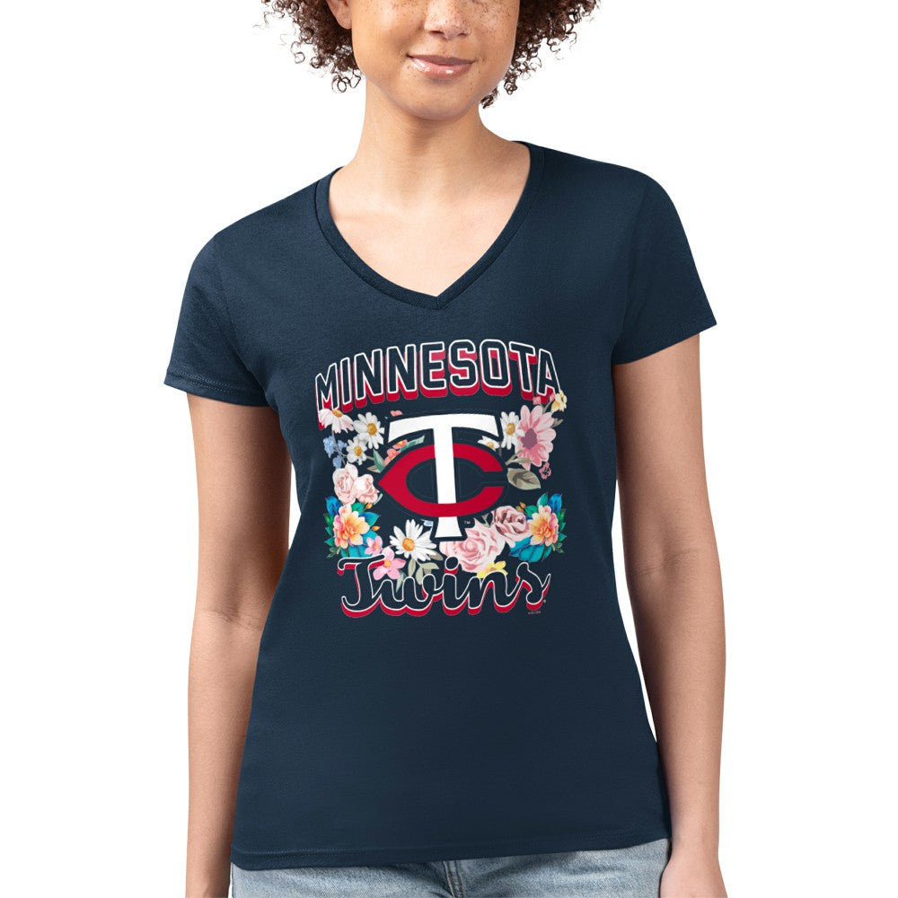 Minnesota Twins G-III 4Her by Carl Banks Women's Super-Slim Fit Lightweight Flowers Graphic V-Neck T-Shirt - Navy T-shirts