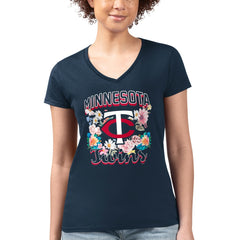 Minnesota Twins G-III 4Her by Carl Banks Women's Super-Slim Fit Lightweight Flowers Graphic V-Neck T-Shirt - Navy T-shirts