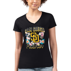 San Diego Padres G-III 4Her by Carl Banks Women's Super-Slim Fit Lightweight Flowers Graphic V-Neck T-Shirt - Black T-shirts
