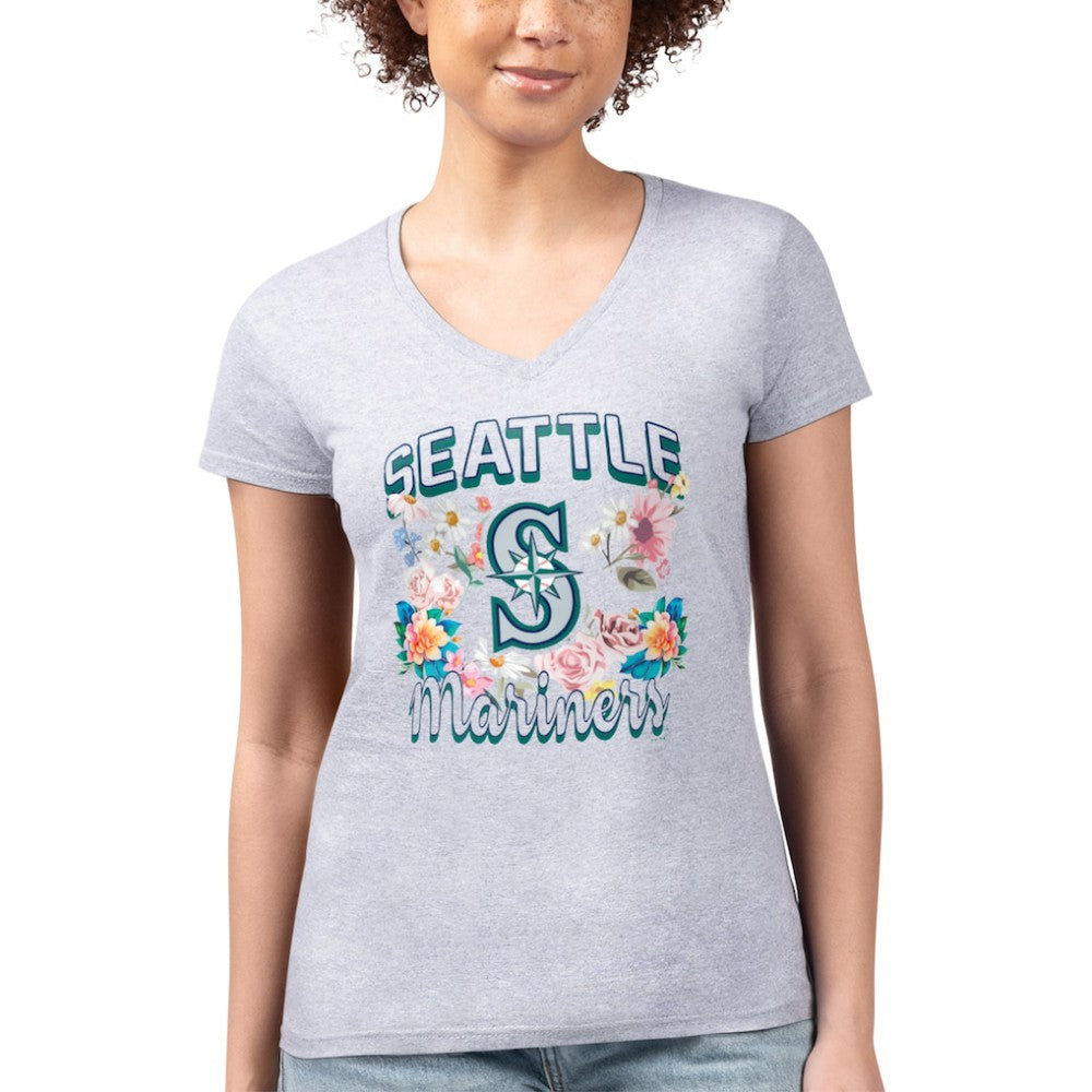 Seattle Mariners G-III 4Her by Carl Banks Women's Super-Slim Fit Lightweight Flowers Graphic V-Neck T-Shirt - Heather Gray T-shirts