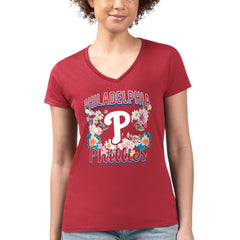 Philadelphia Phillies G-III 4Her by Carl Banks Women's Super-Slim Fit Lightweight Flowers Graphic V-Neck T-Shirt - Red T-shirts