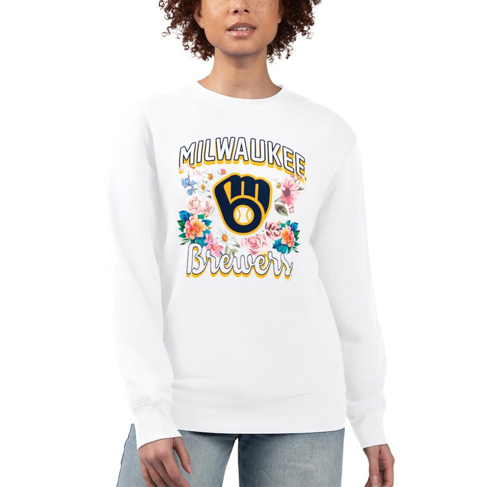 Milwaukee Brewers G-III 4Her by Carl Banks Women's Flowers Graphic Pullover Sweatshirt - White Pullover