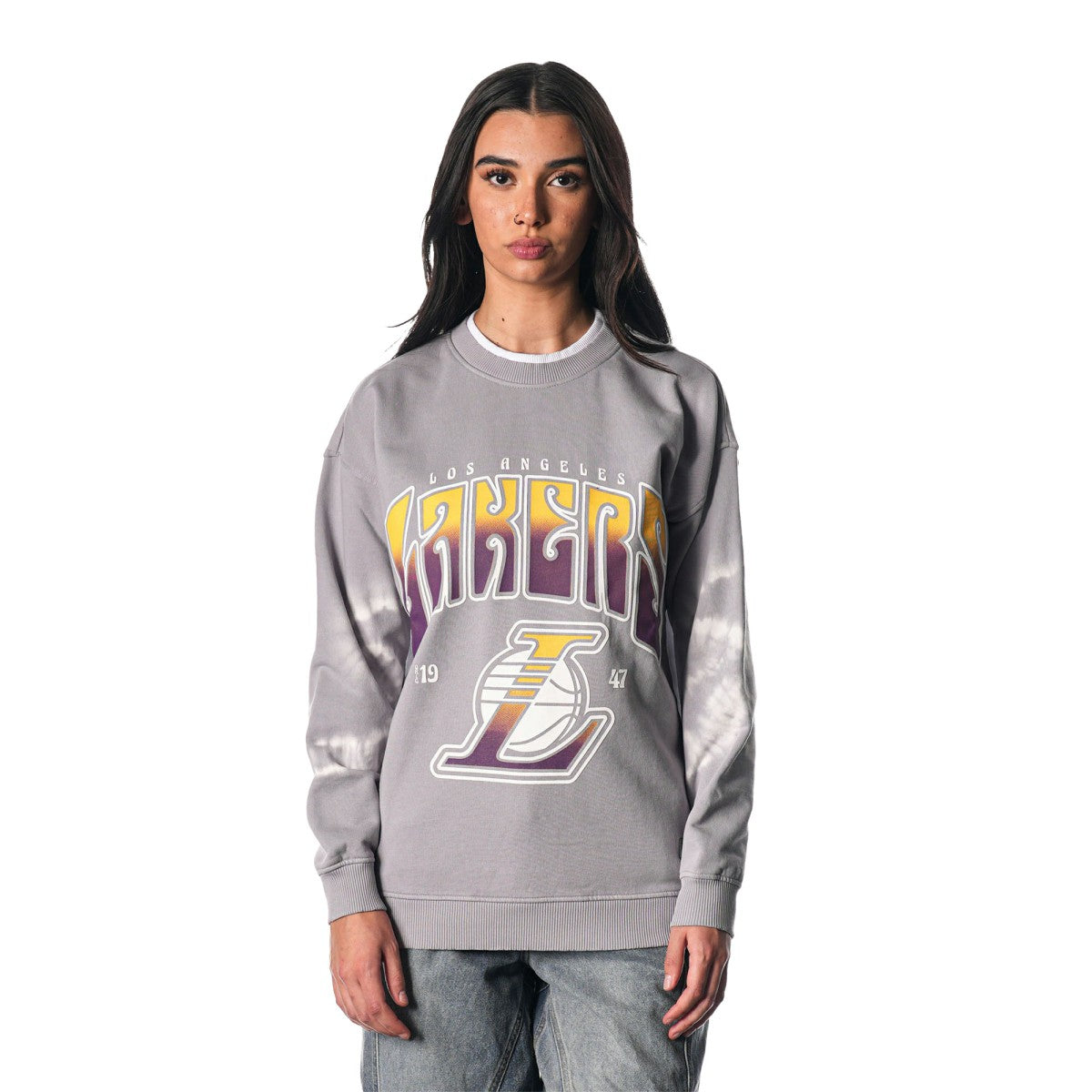 Los Angeles Lakers The Wild Collective Women's Bleached Tie-Dye Pullover Sweatshirt Heather Gray