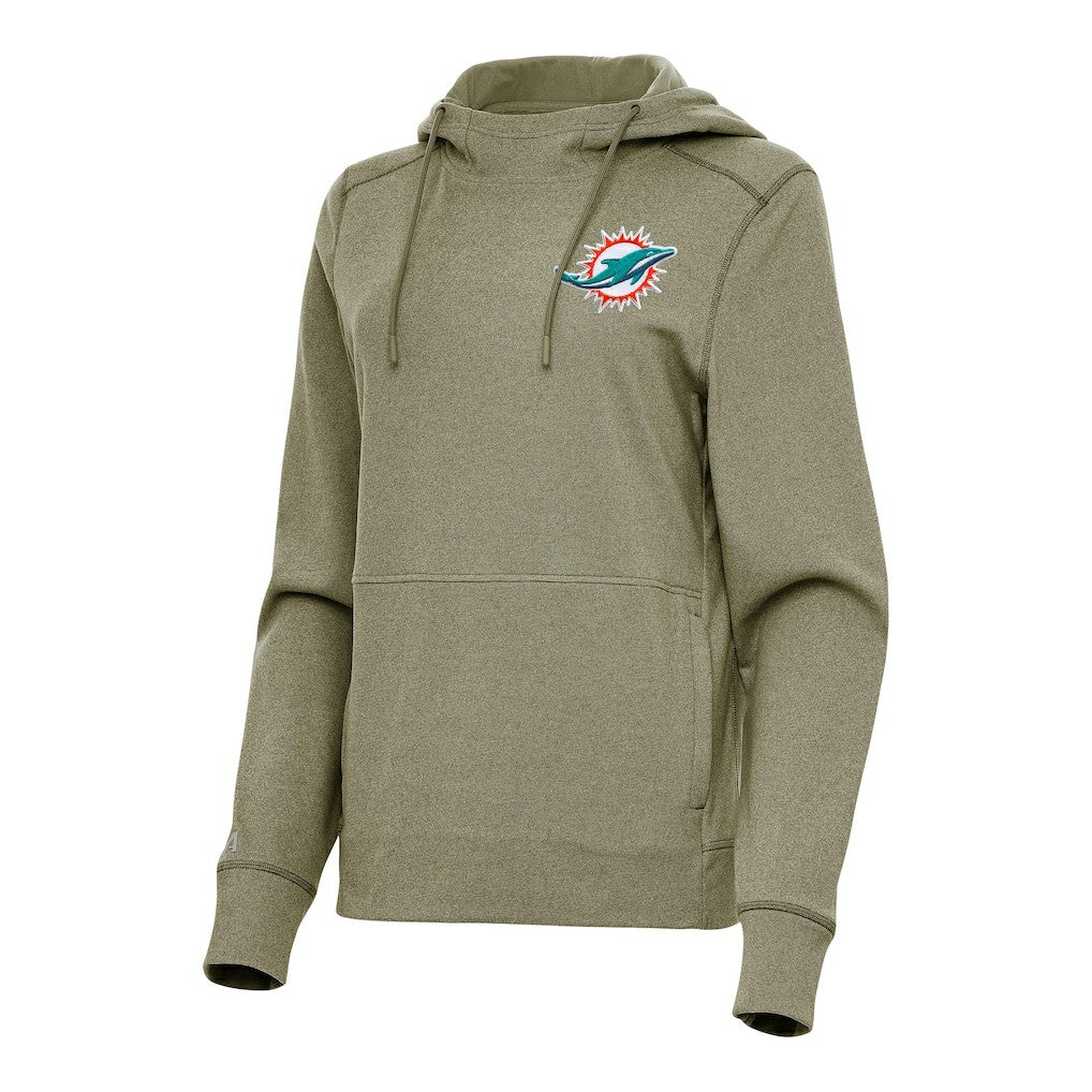 Miami Dolphins Antigua Women's Justice Pullover Hoodie - Heather Olive Hoodies