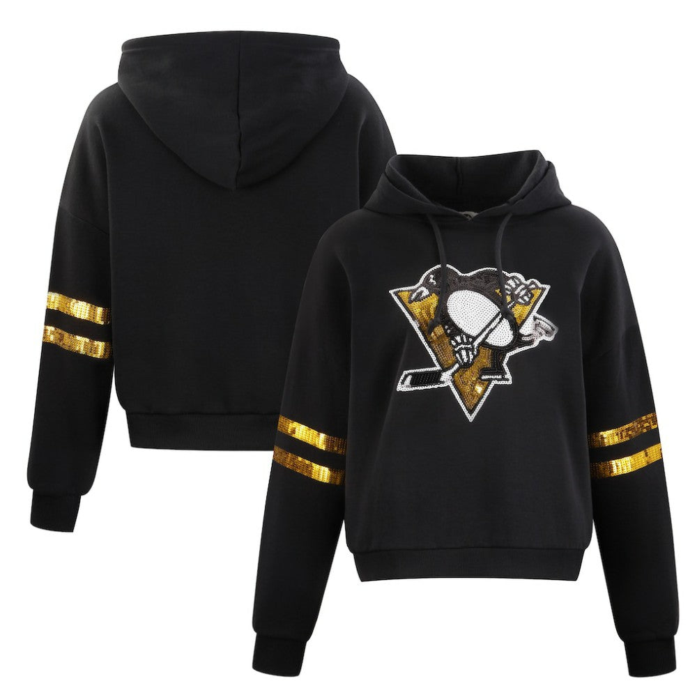 Pittsburgh Penguins Cuce Women's Sequin Cropped Pullover Hoodie - Black | US 201963115
