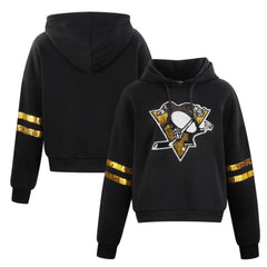 Pittsburgh Penguins Cuce Women's Sequin Cropped Pullover Hoodie - Black | US 201963115