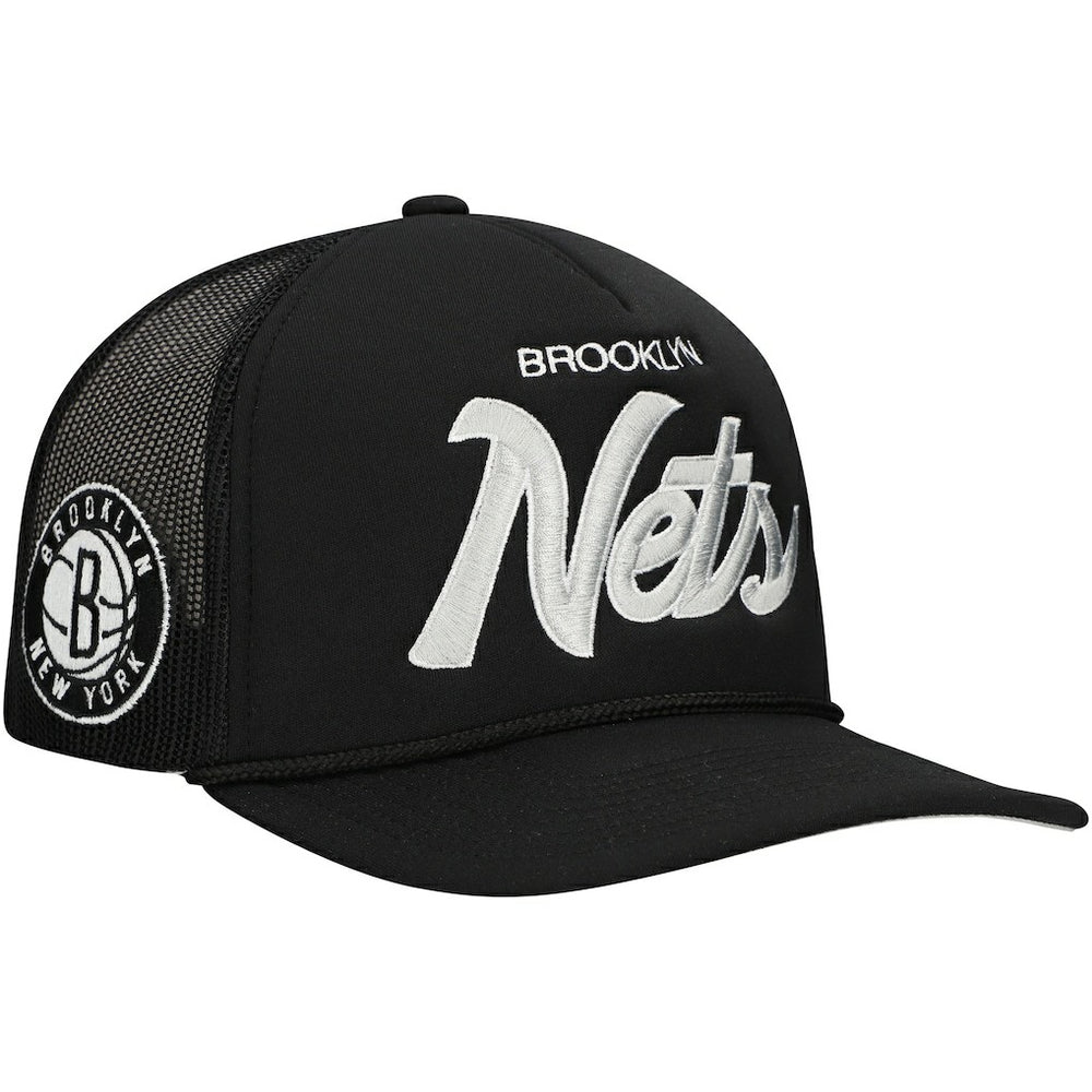 Brooklyn Nets Script Trucker Adjustable Hat Black - Mitchell & Ness outlet