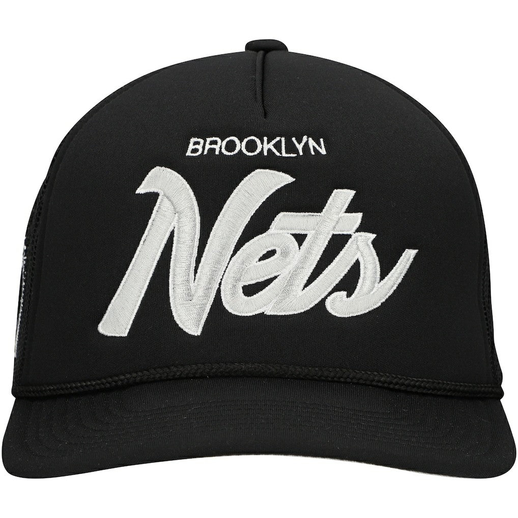 Brooklyn Nets Script Trucker Adjustable Hat Black - Mitchell & Ness outlet