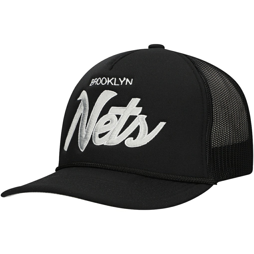Brooklyn Nets Script Trucker Adjustable Hat Black - Mitchell & Ness outlet