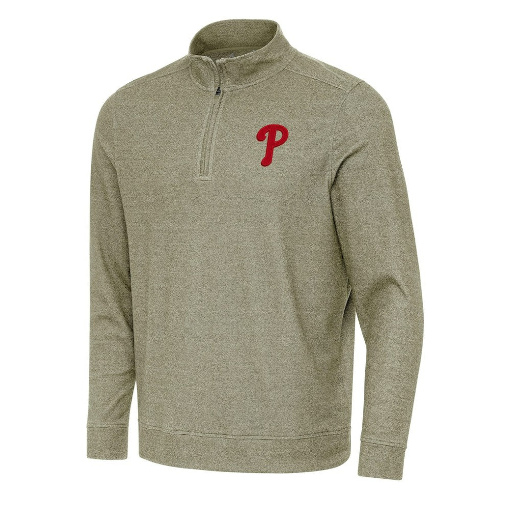 Philadelphia Phillies Antigua Subtle Quarter-Zip Sweatshirt - Heather Olive Sweatshirts