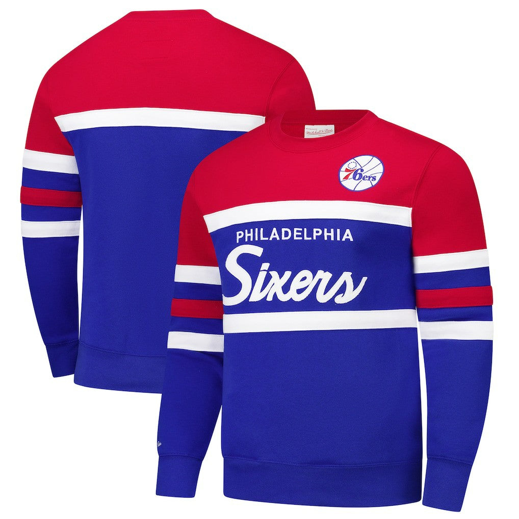Philadelphia 76ers Hardwood Classics Vintage Logo Head Coach Pullover Sweatshirt Royal/Red - Mitchell & Ness