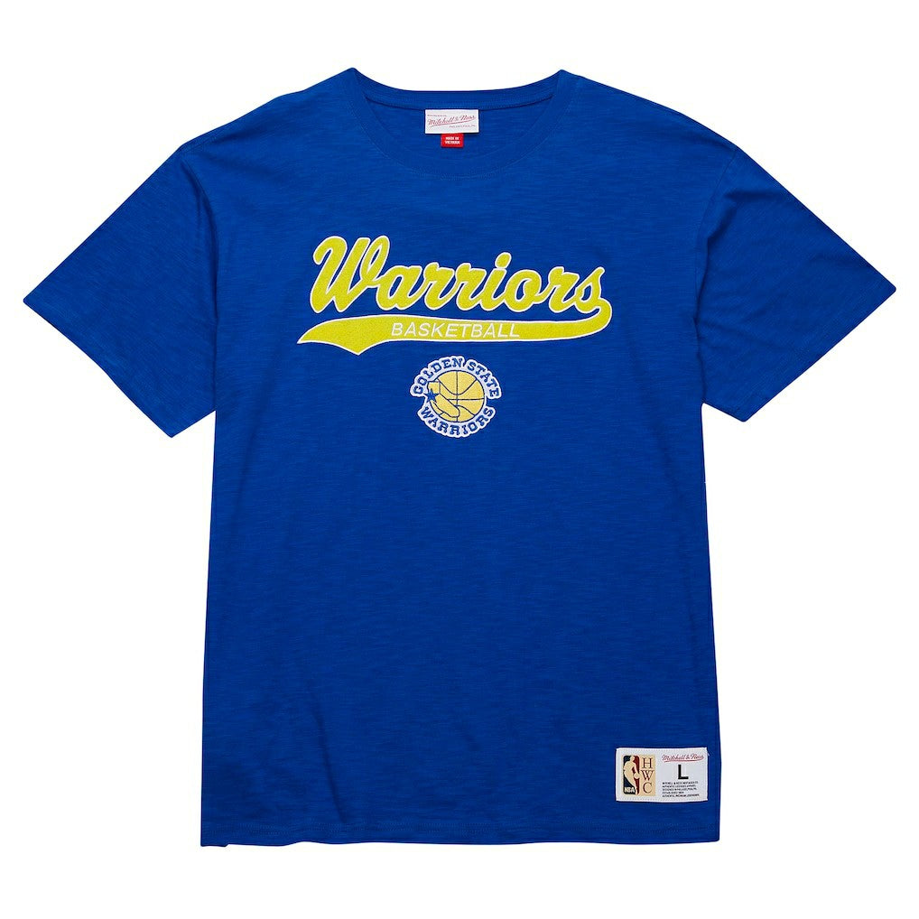 Golden State Warriors Hardwood Classics Felt Applique Slub T-Shirt Royal - Mitchell & Ness outlet