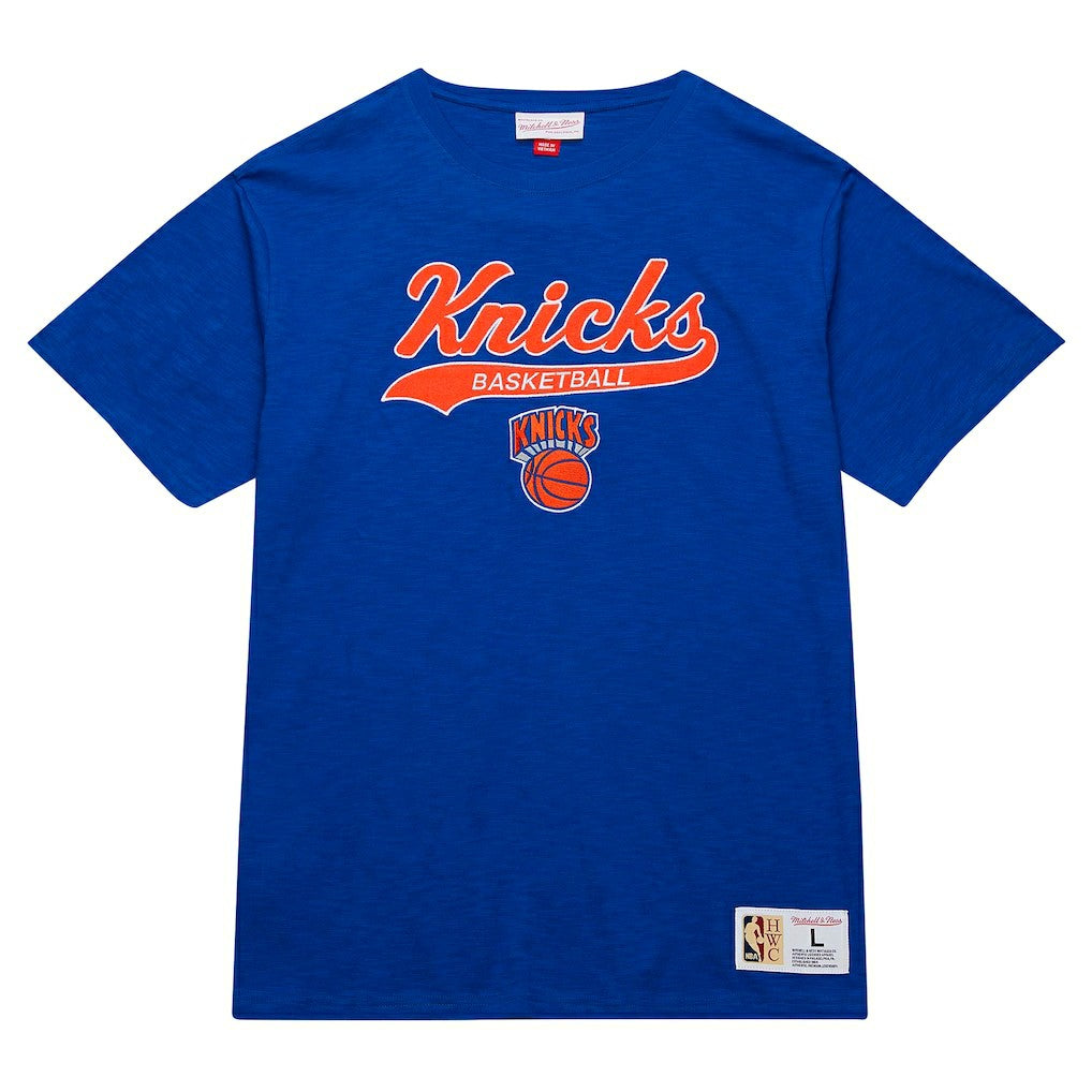 New York Knicks Hardwood Classics Felt Applique Slub T-Shirt Blue - Mitchell & Ness