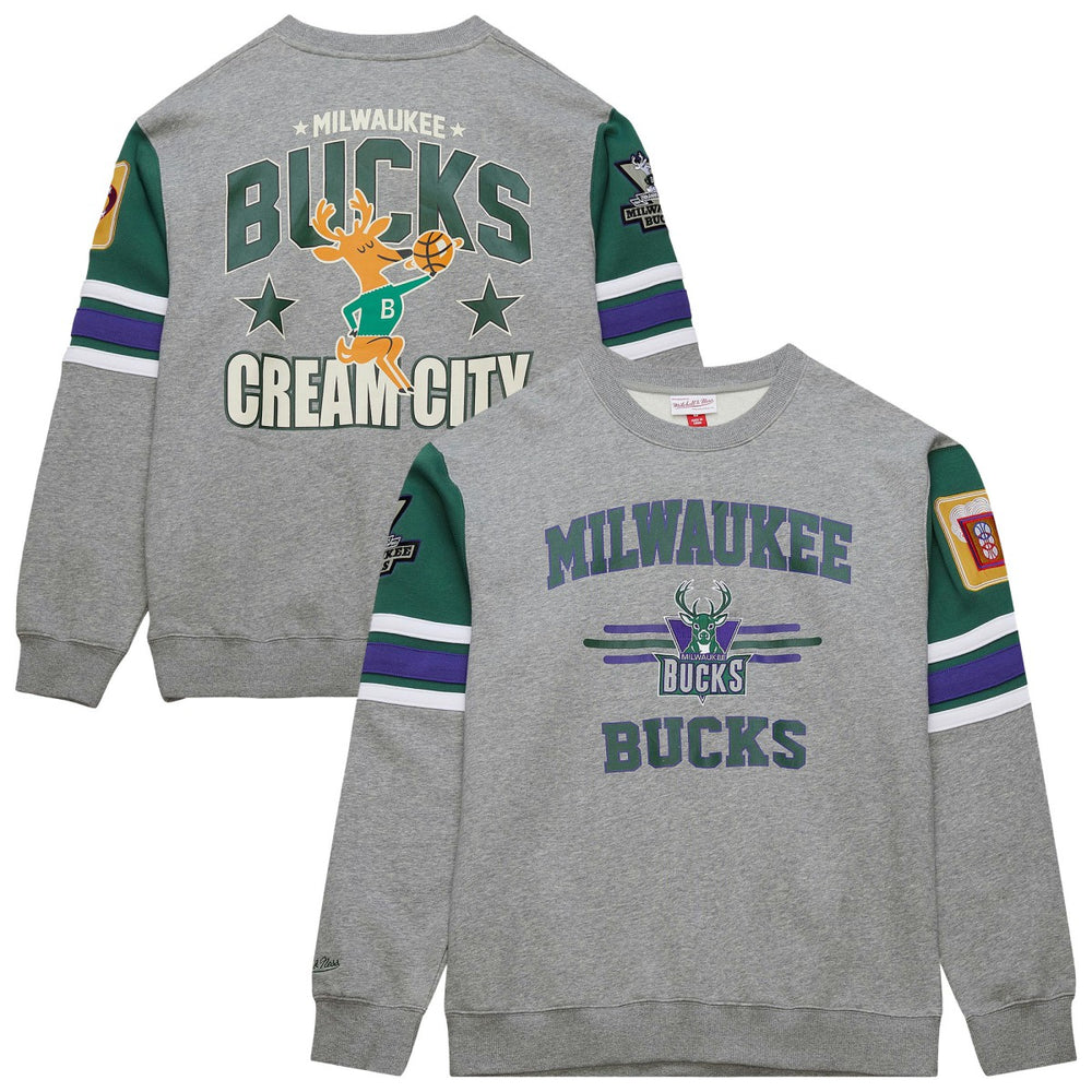 Milwaukee Bucks Hardwood Classics All Over 4.0 Pullover Sweatshirt Heather Gray - Mitchell & Ness