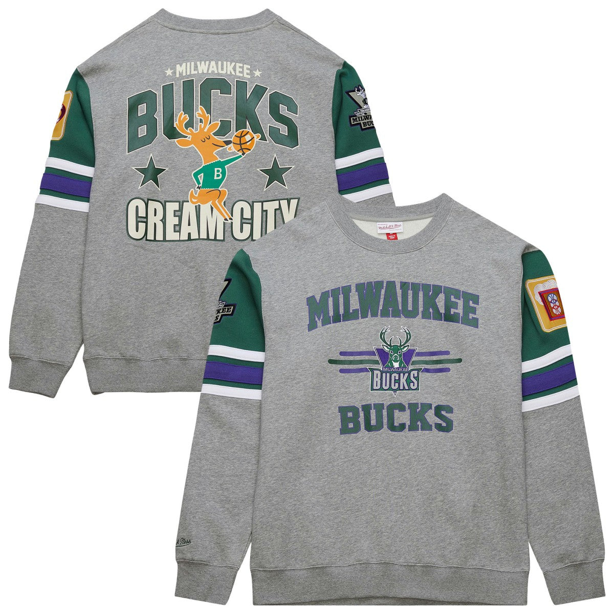 Milwaukee Bucks Hardwood Classics All Over 4.0 Pullover Sweatshirt Heather Gray - Mitchell & Ness